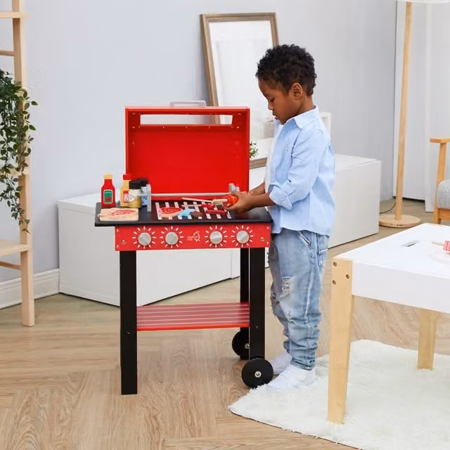 Teamson Kids Wooden Backyard BBQ Grill Playset in Red, Black and Silver