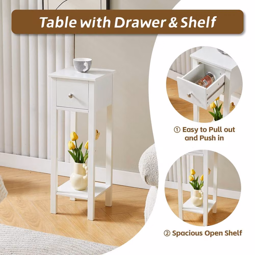 MCC Direct Amelia Set of 2 Solid Wooden Bedside Tables with Open Shelf and Drawer in White – 3