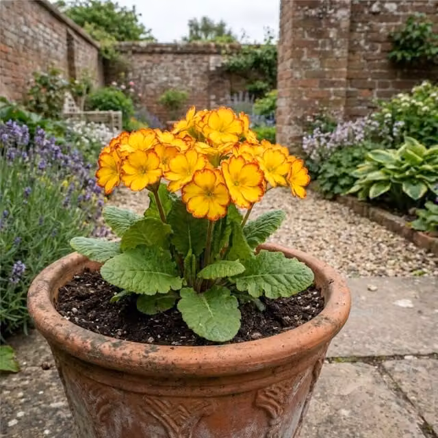 Plants by Post Primula Oakleaf Yellow Picotee Perennial Outdoor Plant, 2L Pot, Yellow, Orange and Red