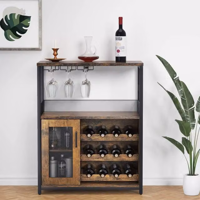 VOGREX Tall Brown Wine Bar Cabinet with Glass Doors and Adjustable Shelves