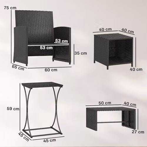 Outsunny 6 Piece L-Shape Rattan Garden Furniture Set with Upholstered Cushions and Coffee Table in Black – 7