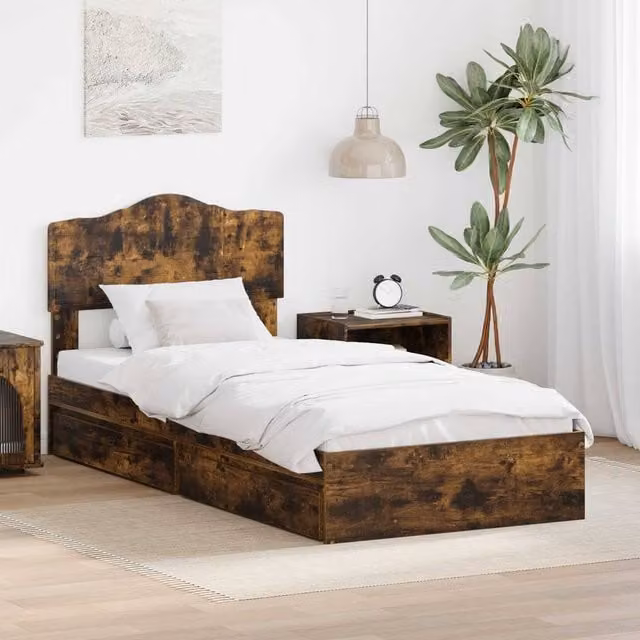 Berkfield Home Modern Storage Bed with Drawers in Smoked Oak Brown, W/D/H: 100 x 200 cm