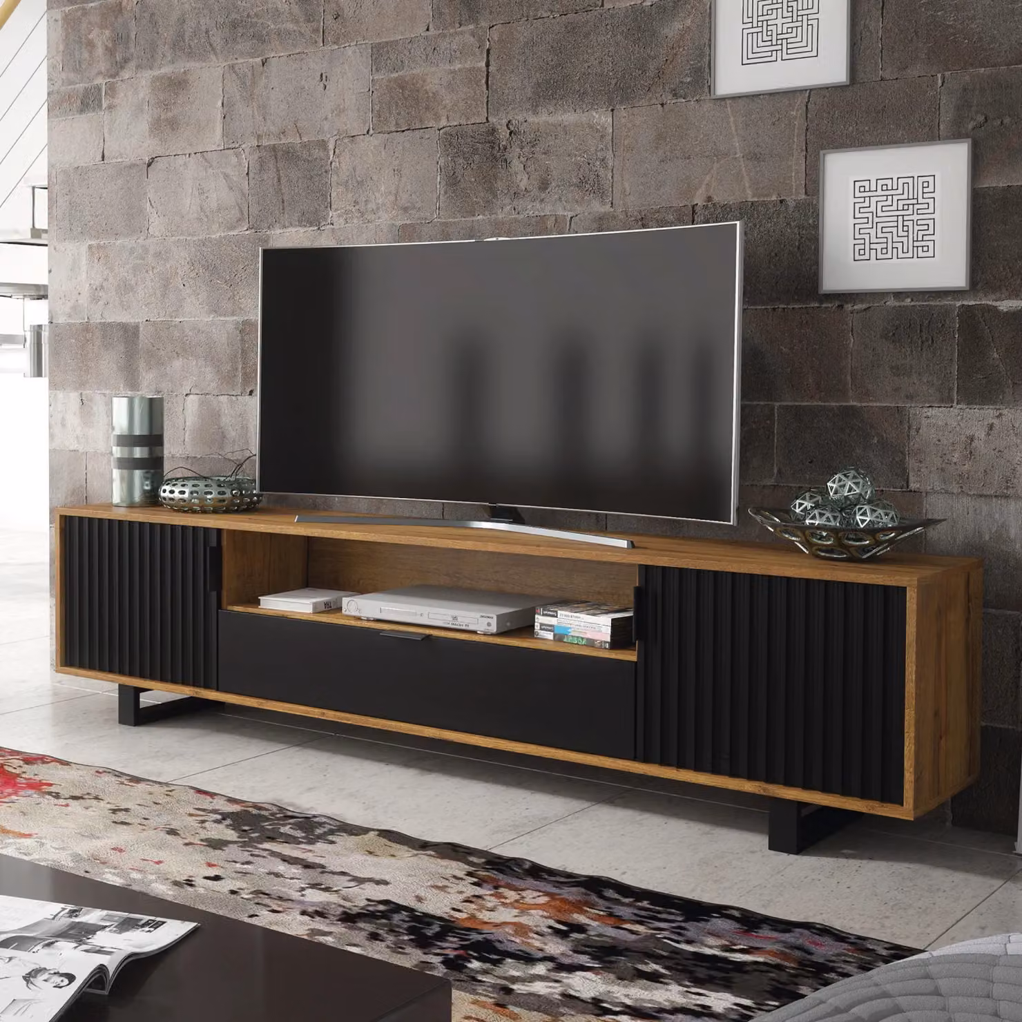 Creative Furniture Blackridge TV Unit in Brown and Black with Dark Oak Body and Matte Fluted Fronts, W: 200 cm, H: 45 cm, D: 35 cm – 5