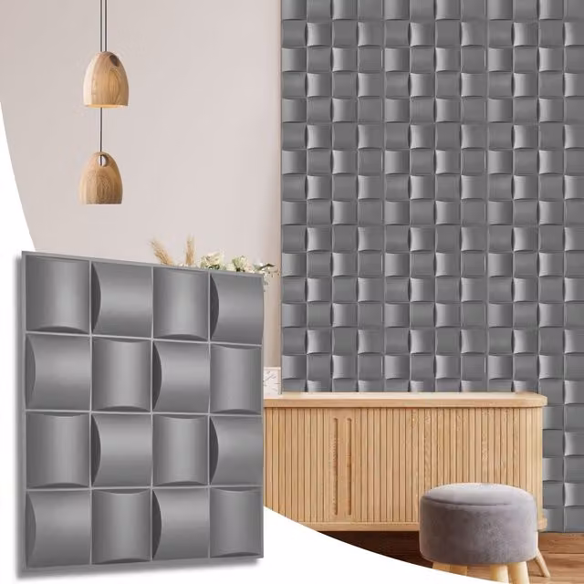 NOVECRAFTO Matte Grey 3D Wall Panels with Square Grid Lattice Design, W/D/H: 50 x 50 x 0.25 cm, Pack of 12