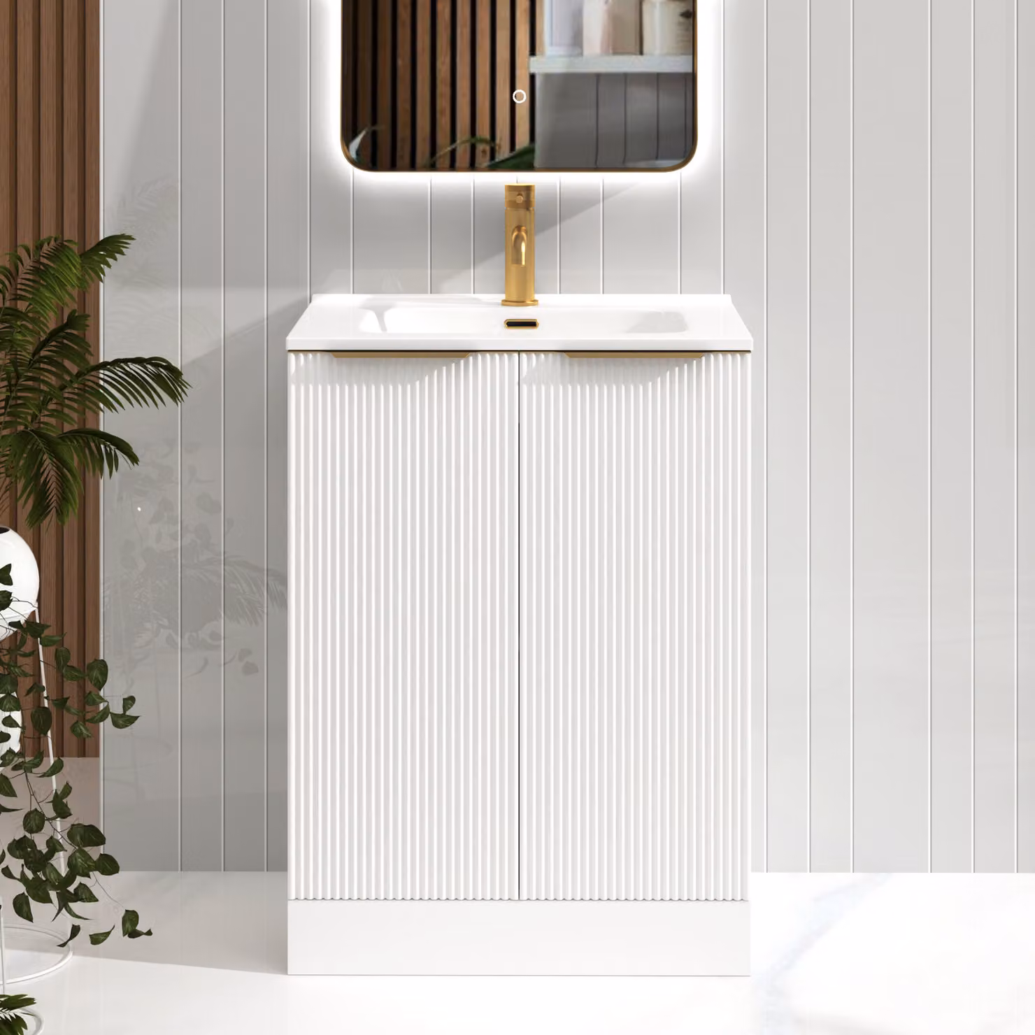 Royal Bathrooms Evora 700mm Matt White Fluted Floor Standing 2 Door Vanity Unit with Ceramic Basin and Brushed Brass Handles