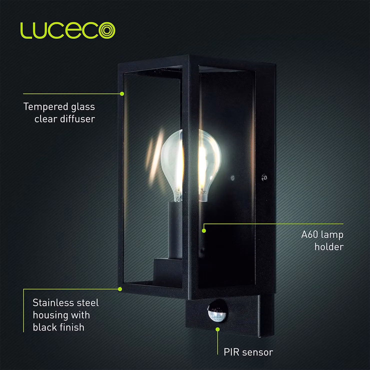 Luceco Modern LED Exterior Decorative Wall Lantern with PIR Motion Sensor in Black – 3