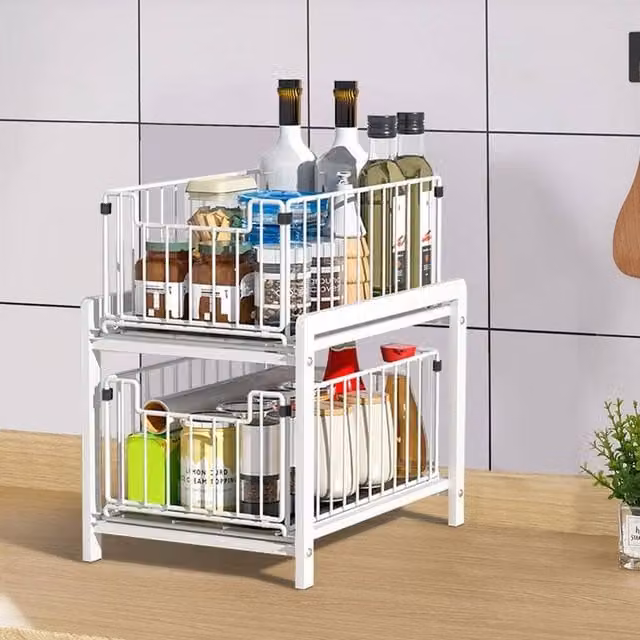 KORVIXA White 2-Tier Metal Under Sink Organizer Shelf, W/D/H: 50 x 50 x 50 cm – 1
