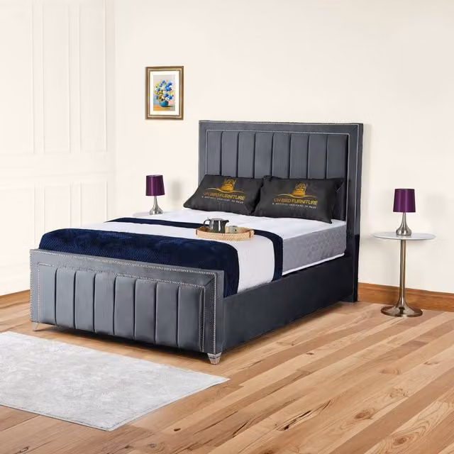 UK Bed Furniture Fiona Upholstered Slatted Base Bed in Anthracite Grey, W/D/H: 140 x 200 cm