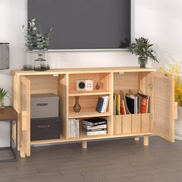Berkfield Home Brown Solid Wood Pine and Natural Rattan Sideboard, W: 105 cm, D: 30 cm, H: 60 cm