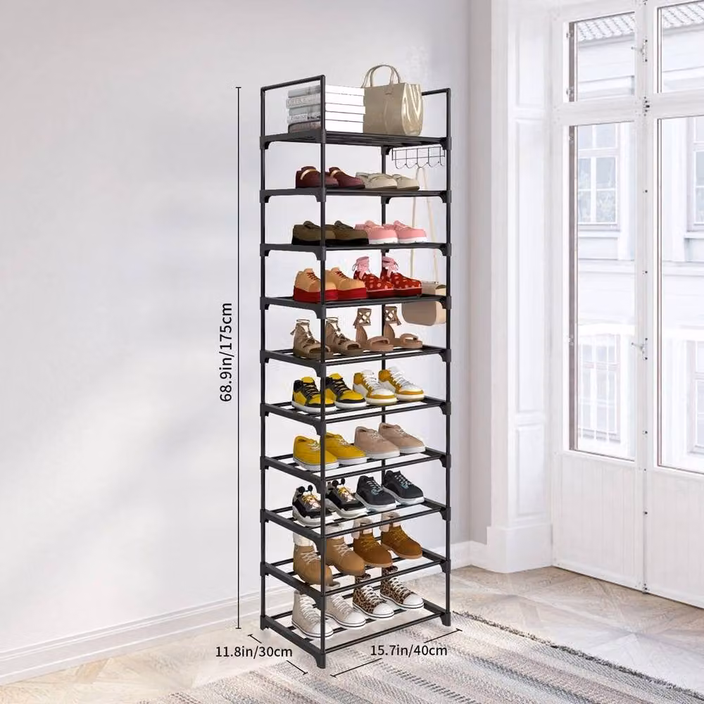 VOGREX 10 Tier Black Metal and Plastic Shoe Rack Stand, H 175 x W 30 x D 30 cm – 2