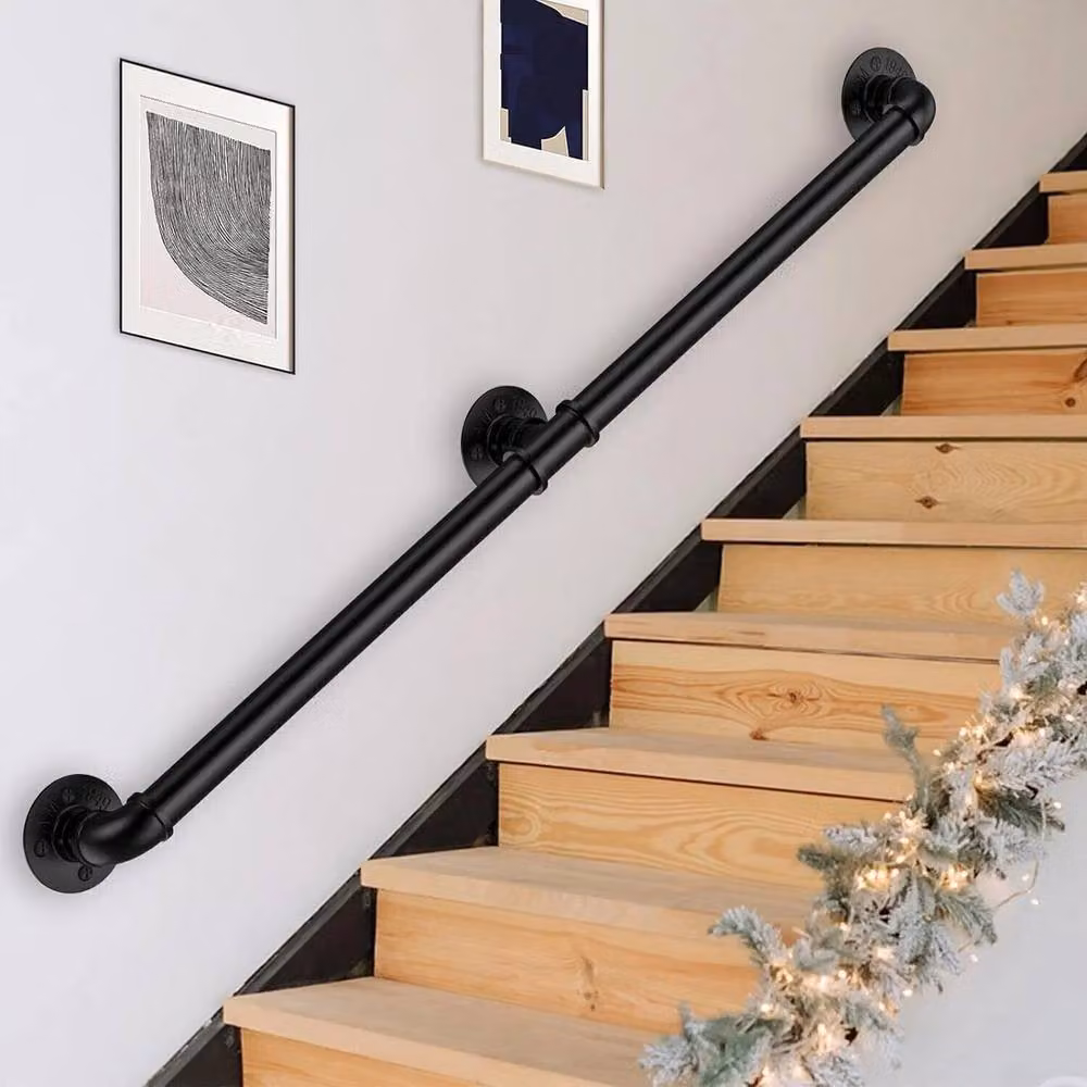 VOGREX Black Round Pipe Wall Mounted Staircase Handrail with 3 Brackets, Length: 200 cm – 2