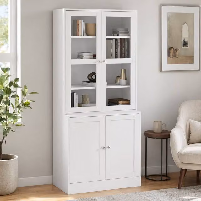 STILVORA Modern White Display Cabinet with Glass Doors and Internal Shelves, H: 178.5 cm x W: 76.0 cm