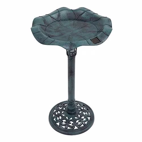 GardenKraft 17430 Bird Bath with Solar Powered Light in Green Verdigris Metal Effect, H 80 cm x W 43 cm x D 43 cm