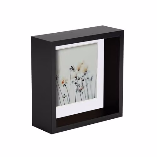 Nicola Spring Square 3D Deep Box Photo Frame in Black with White Mount