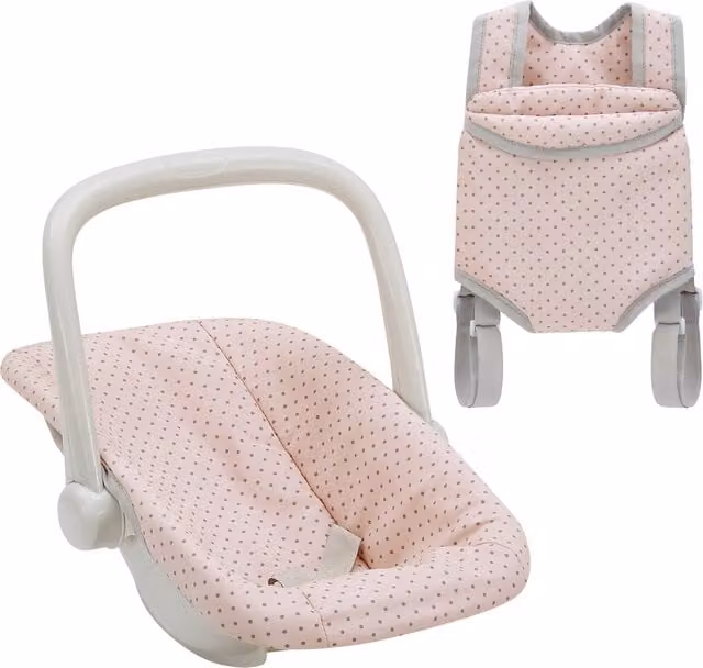 Teamson Kids Polka Dot Princess Baby Doll Carrier and Car Seat Set in Pink and Grey