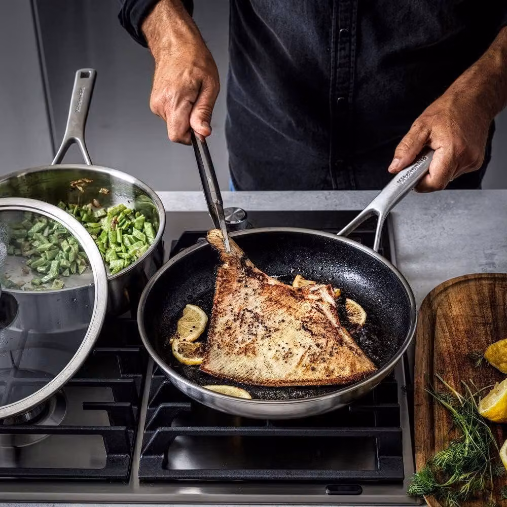 KitchenAid Non-Stick Tri-Ply Stainless Steel Frying Pan with Pouring Spout, Silver, 28 cm – 3