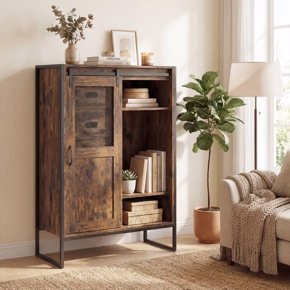 Costway Rustic Brown Floor Buffet Cabinet Organizer with Sliding Doors and Adjustable Internal Shelves – 3