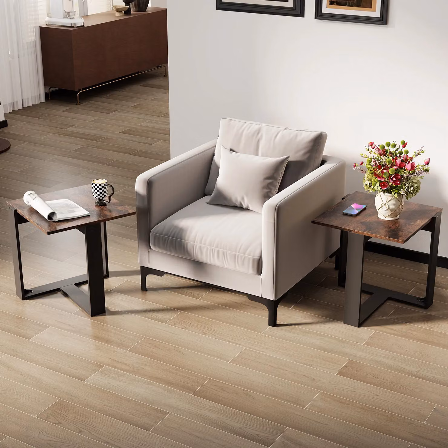Gymax Industrial Square Side Table with T-Shaped Metal Base in Brown – 5