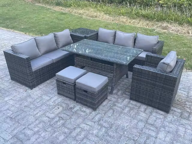 Fimous 9 Seater Outdoor Lounge Sofa and Garden Furniture Set with Rattan Dining Table and 2 Stools in Dark Grey