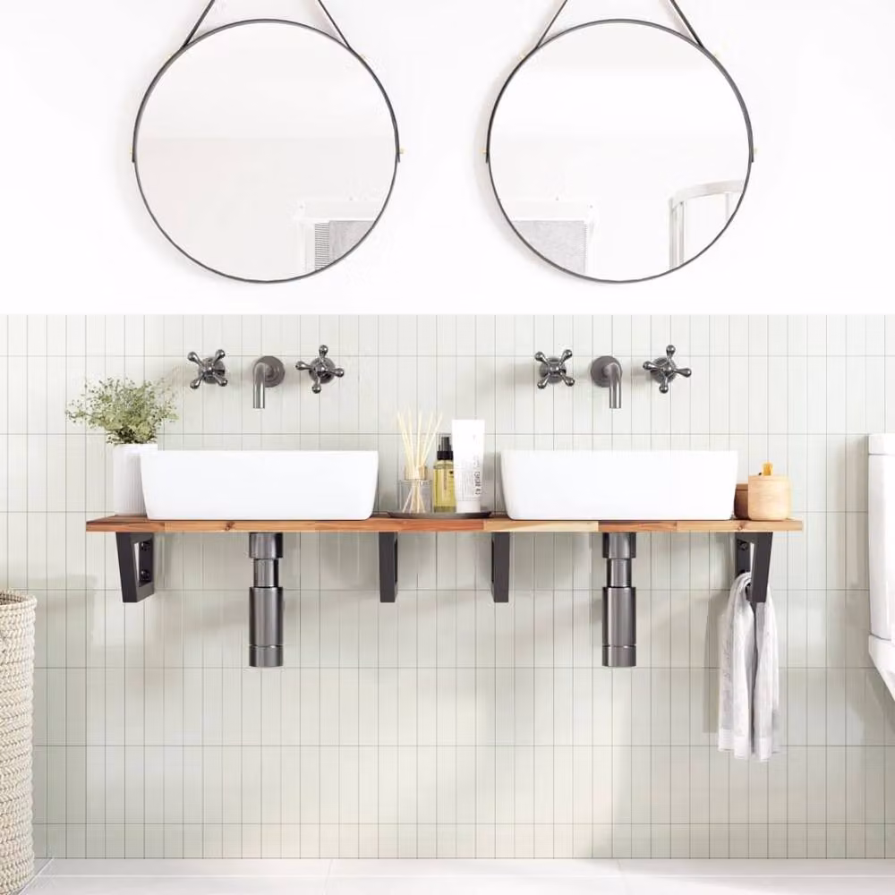 Berkfield Home Wall Mounted Basin Shelf in Brown Acacia Wood and Steel – 2