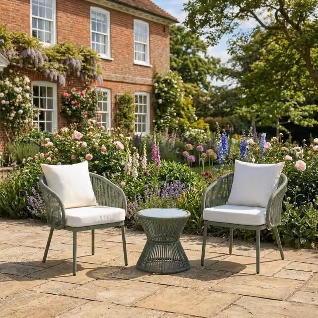 Rosewood & Stone Home Sissinghurst 3 Piece Sheesham Wood and Stone Garden Patio Set in Beige and Green – 1