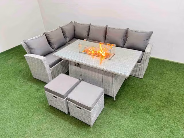 Fimous 8 Seat Rattan Garden Furniture Corner Sofa Set with Gas Fire Pit Table and 2 Footstools, Light Grey