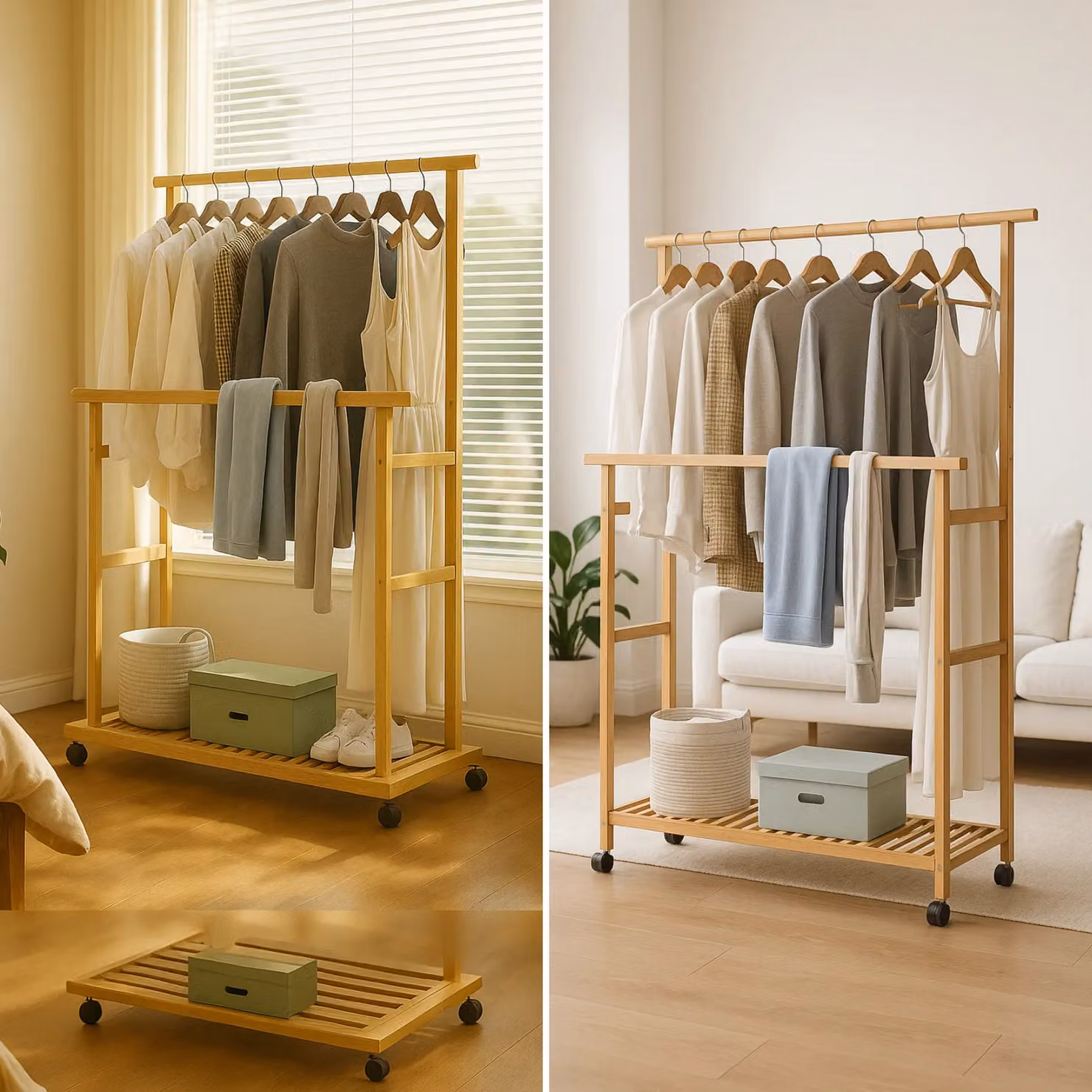Rafaelo Mobilia Portable Wooden Clothes Rack and Open Wardrobe with Shoe Storage in Brown, H 154.5 x W 105.0 x D 80.0 cm – 2