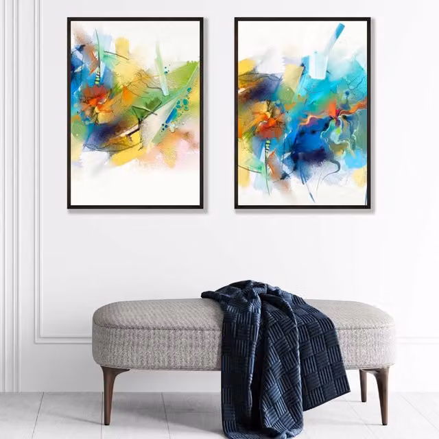 ARTZE Abstract Fractal Blue and Green Art Prints, Set of 2, Black Frames, A4