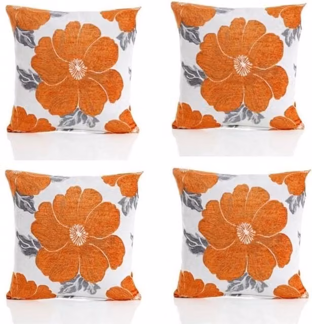 Luxor Living Poppy Chenille Cushion Set of 4 in Orange, Floral Design, W/D/H: 45 x 45 x 45 cm