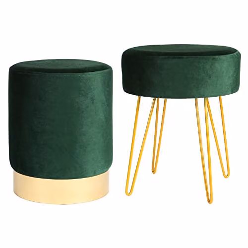 Harbour Housewares 2 Piece Round Green Velvet Footstool Set with Metal Hairpin Legs