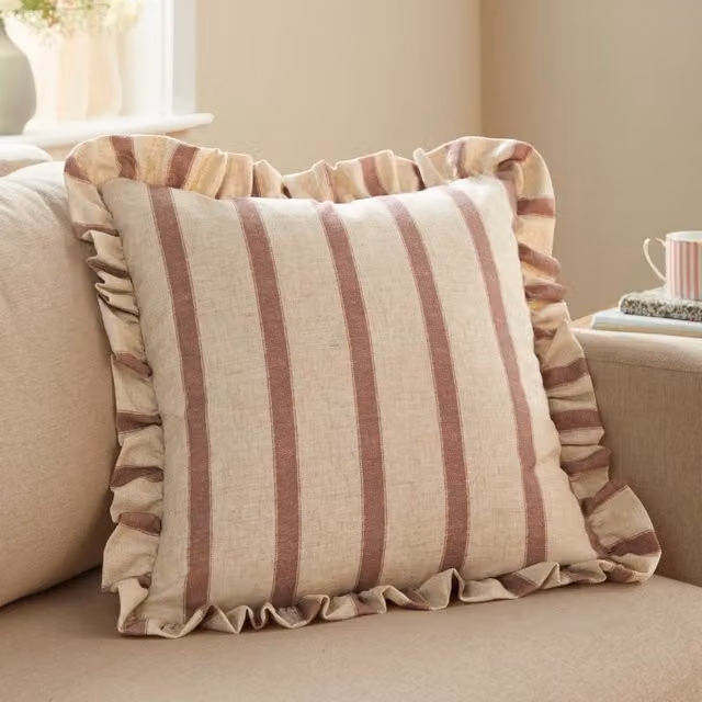 Wylder Connie Square Striped Ruffle Linen Cushion in Pink, W x D: 45 x 45 cm