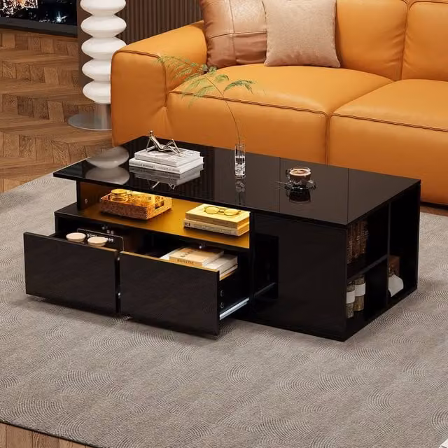 BTM High Gloss LED Coffee Table with 2 Drawers and Open Storage in Black – 1