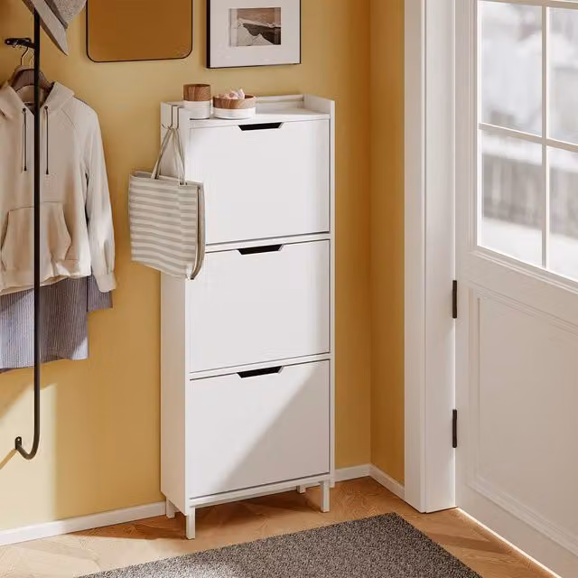 SoBuy Modern White Matt Foldable Shoe Cabinet with Tilting Compartments and Integrated Lighting