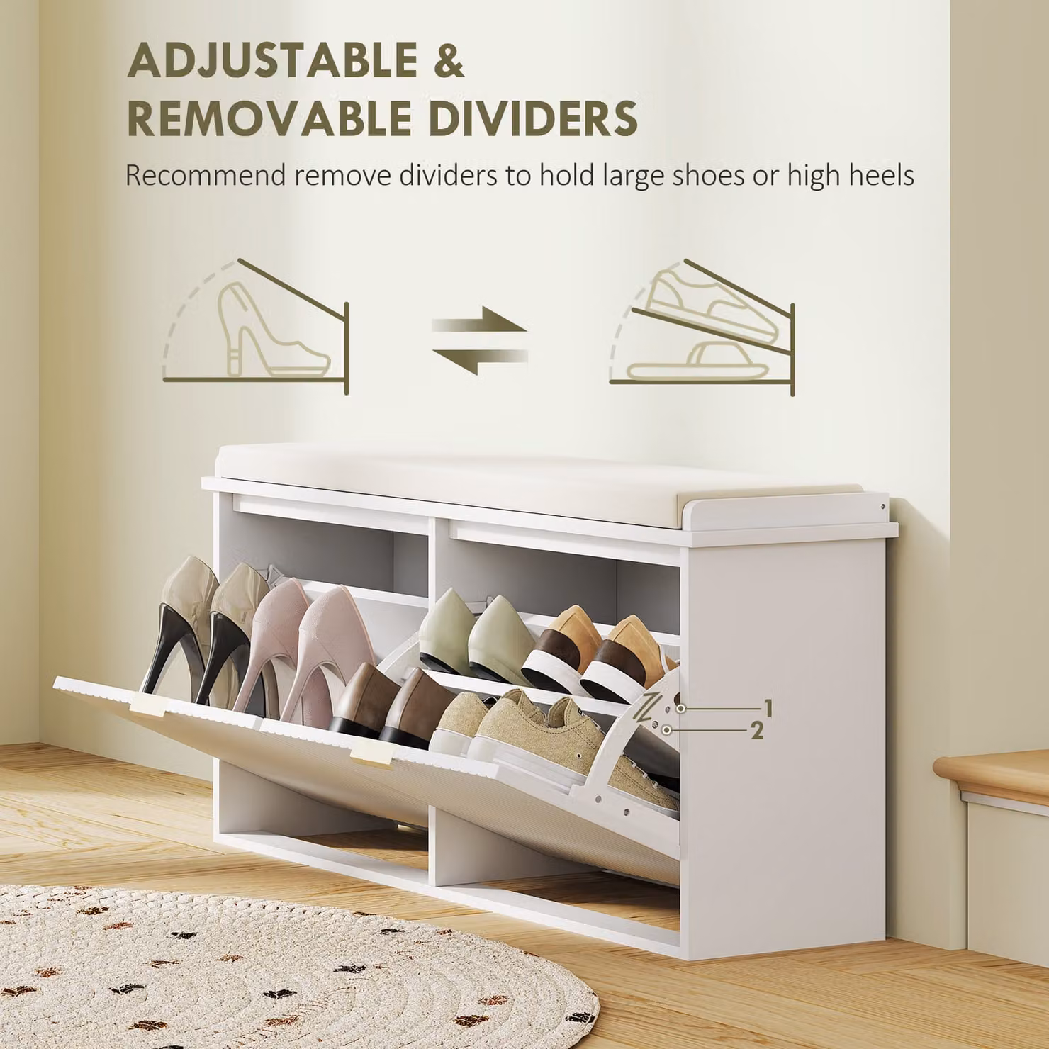 HOMCOM Modern White Shoe Bench with Top Seat and Metal Shoe Rack for Hallways W/D/H: 104.0 x 47.5 x 240.0 cm – 2