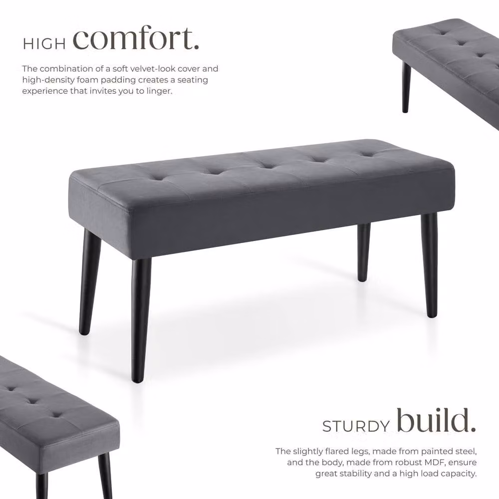tectake Glora Upholstered Bench with Quilted Geometric Pattern in Grey Velvet – 3