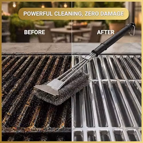 SHATCHI Heavy Duty BBQ Cleaning Brush with Scraper, Stainless Steel Wire Bristles and Long Handle for Gas or Charcoal Grills, Black and Silver – 8