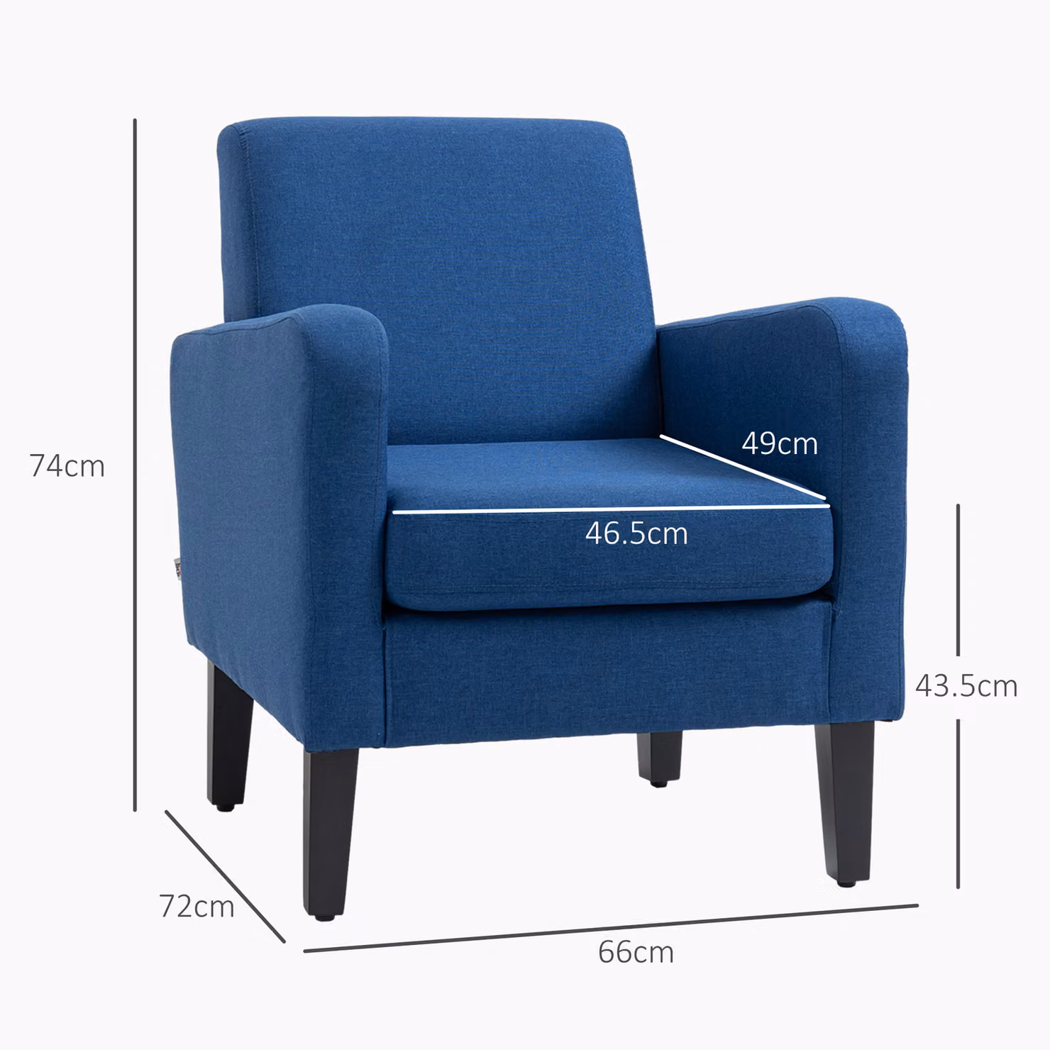 HOMCOM Set of 2 Modern Blue Upholstered Accent Armchairs with Rubberwood Legs – 3