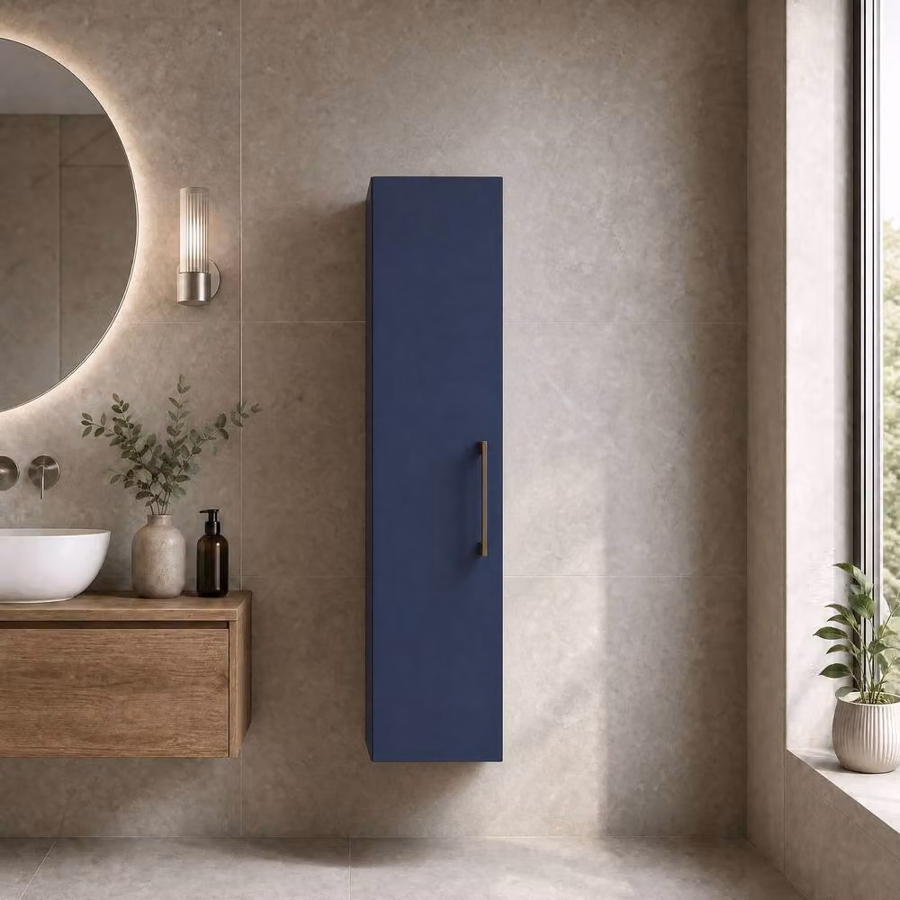 Balterley Bramshall 1 Soft Close Door Tall Storage Unit in Blue with Brushed Bronze Details, W: 30 cm – 2