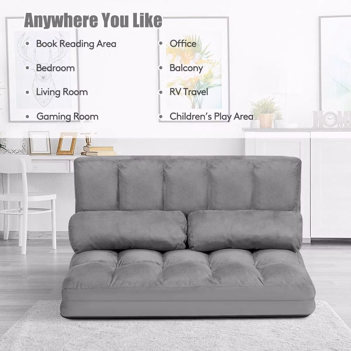Gymax Grey Microfibre Folding Sofa Bed with 6-Position Adjustable Back and Metal Frame – 5