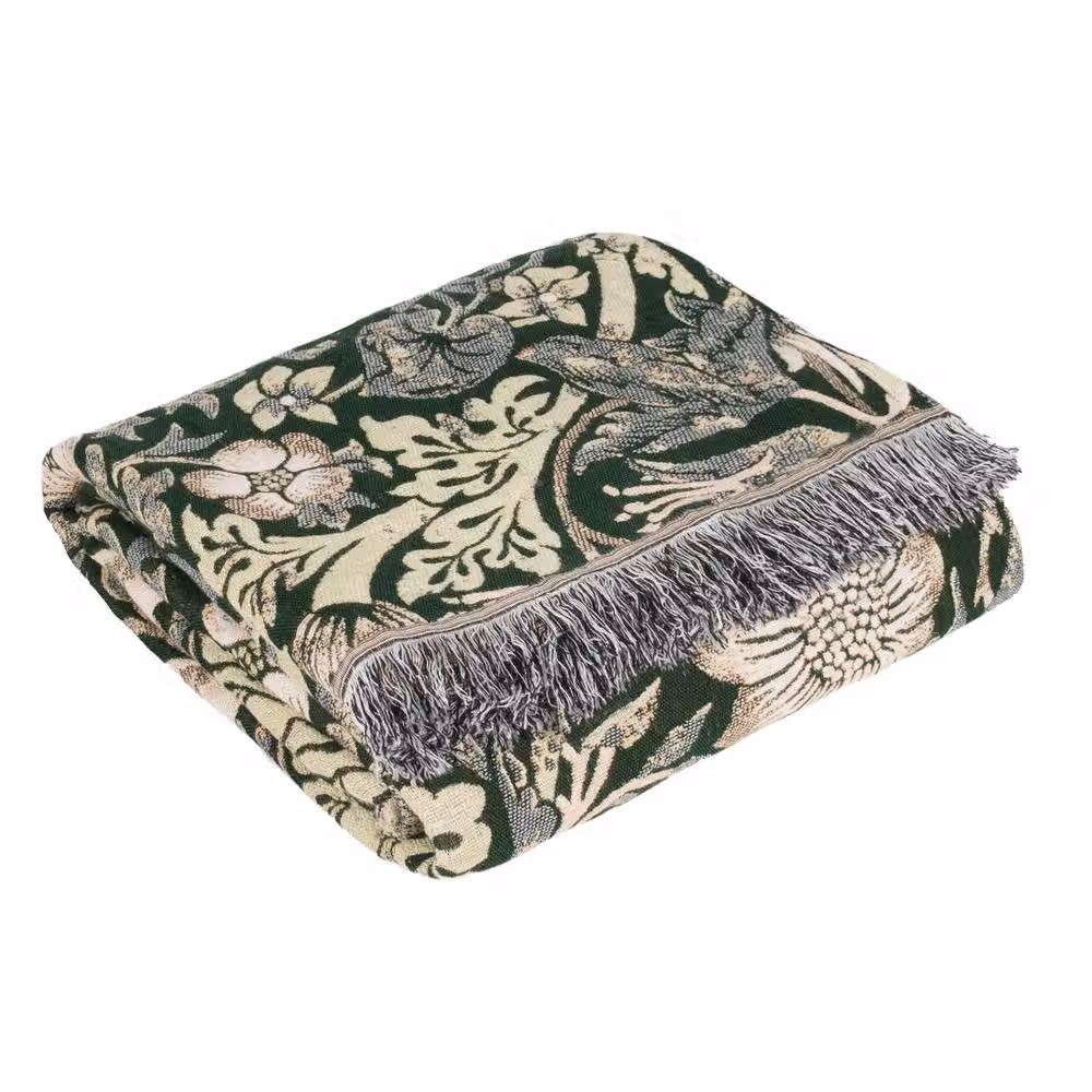 Morris & Co. Strawberry Thief Jacquard Throw with Fringes in Green, W: 130 cm, D: 170 cm – 4