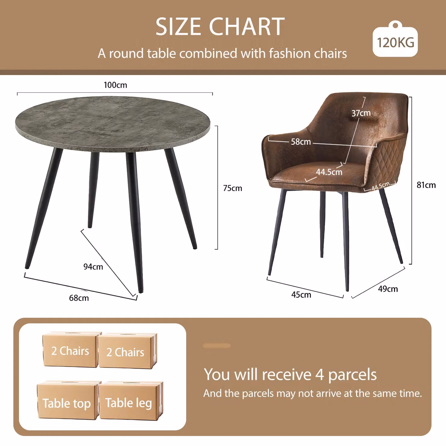 SONARA Grey Marble Round Dining Table and 4 Brown Faux Suede Dining Chairs Set – 2