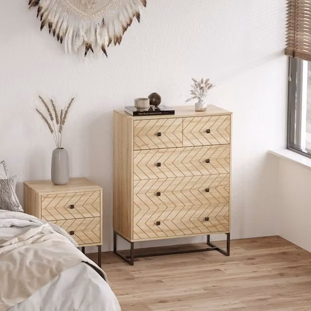 HOMCOM Scandinavian Style 5 Drawer Chest of Drawers Sideboard Unit in Black and Natural Wood