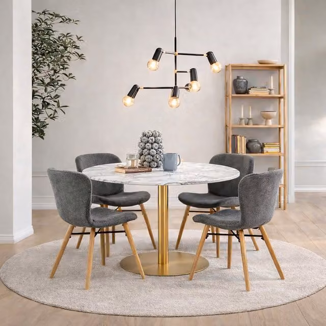 Furniture To Go Corby Round White Marble Dining Table with Gold Base and 4 Batilda Grey and Oak Chairs