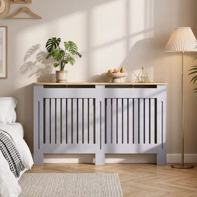 HOMCOM Grey Slatted MDF Radiator Cover Cabinet with Lined Grill, 152cm