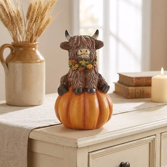 Garden Greatness Autumn Highland Cow Pumpkin Ornament in Brown and Multicolour