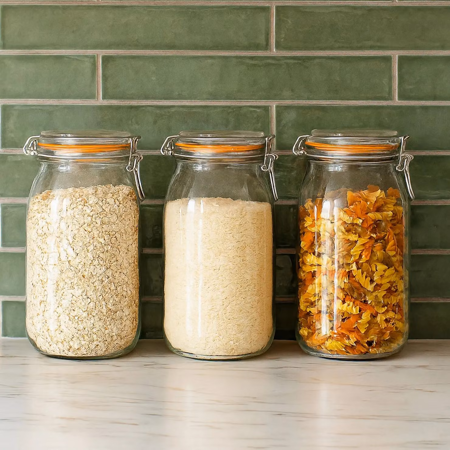 Neo Pack of 3 Glass Storage Canisters with Airtight Silicone Seal and Metal Clip Top Lids, 1.5 l each, Sand – 4