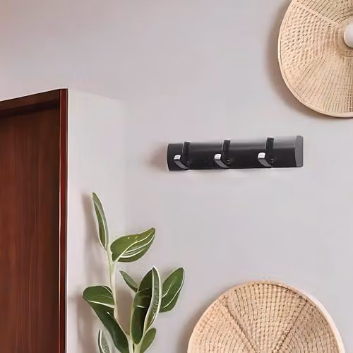 House of Home Black Powder-Coated Steel Wall Mounted Coat Hooks with 3 Nickel Plated Hooks, W: 26 cm – 5