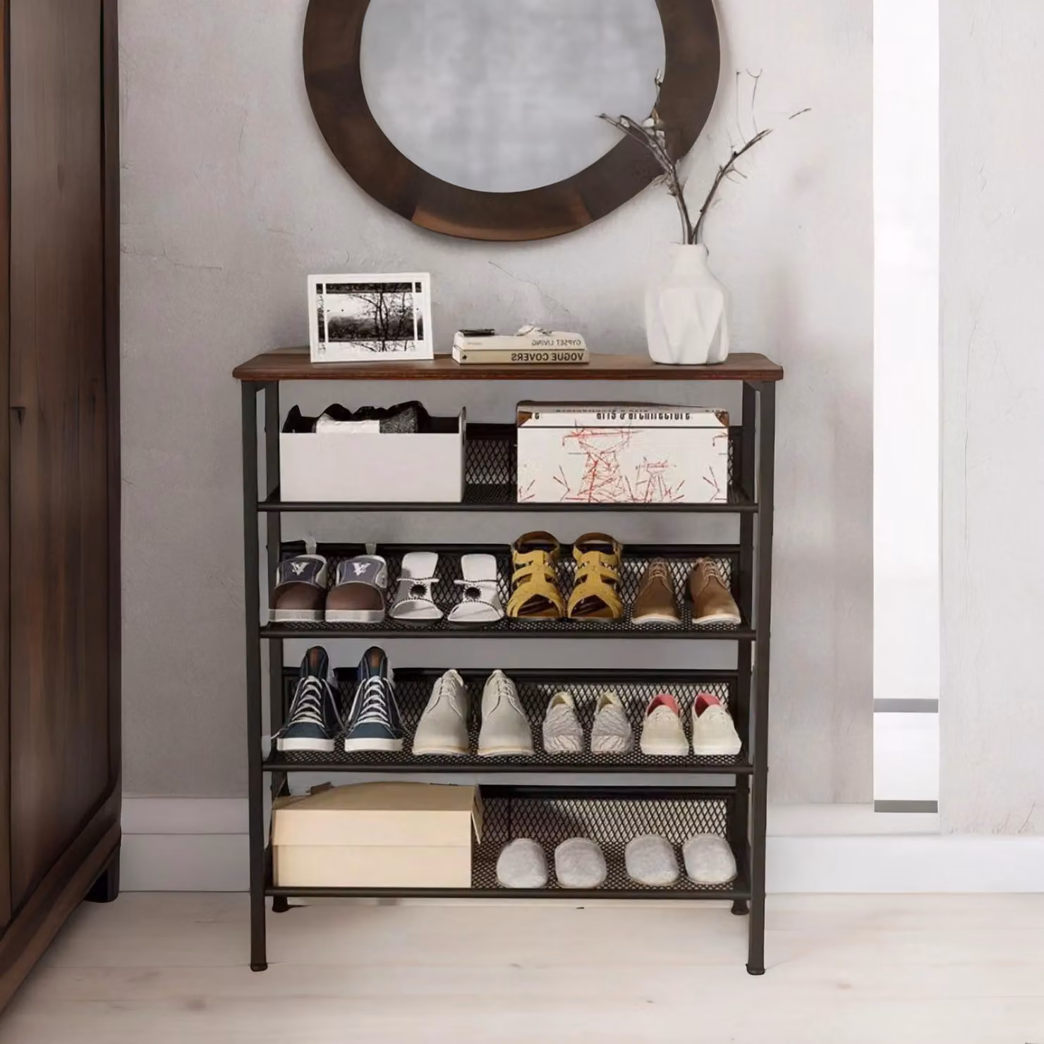 FURNOS 5-Tier Industrial Vertical Shoe Rack with Adjustable Shelves in Brown – 2