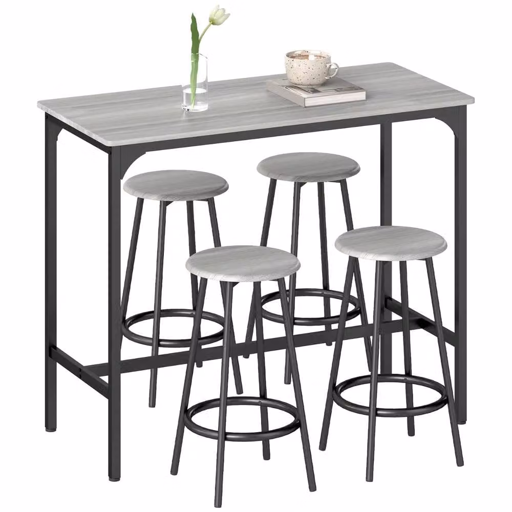 Pirlo Plush 5-Piece Industrial Dining Set with Rectangular Table and Stools in Grey and Black – 5