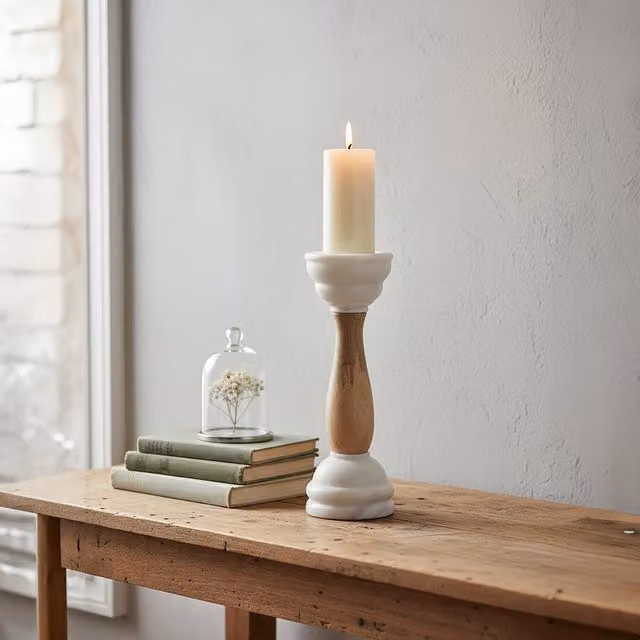 Orsina Round White and Brown Wood and Stone Pillar Candle Holder